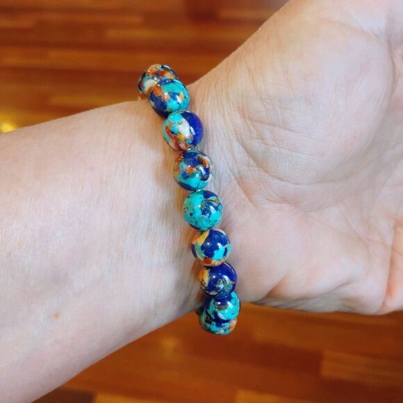 Spiny Oyster Turquoise Lapis Mosaic Composite Royal Blossom Stone Bead Bracelet - Picture 2 of 7